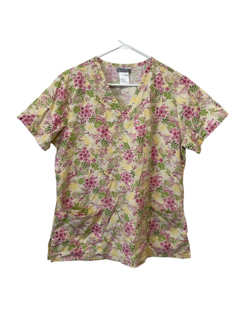 SB Scrubs Floral Print Short Sleeve V-Neck Top With Pockets Yellow Pink M